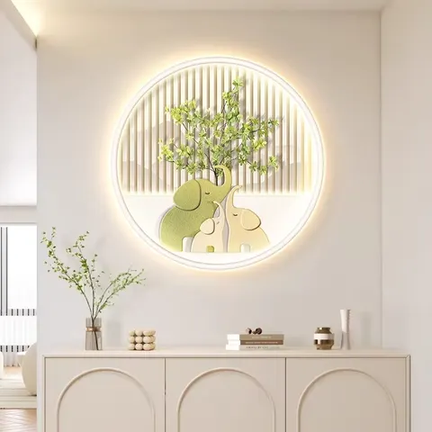 Room Entrance Porch Wall Decor Paintings Corridor Green Plants Circular Led Painting Living Room Cream Wind Hanging Painting