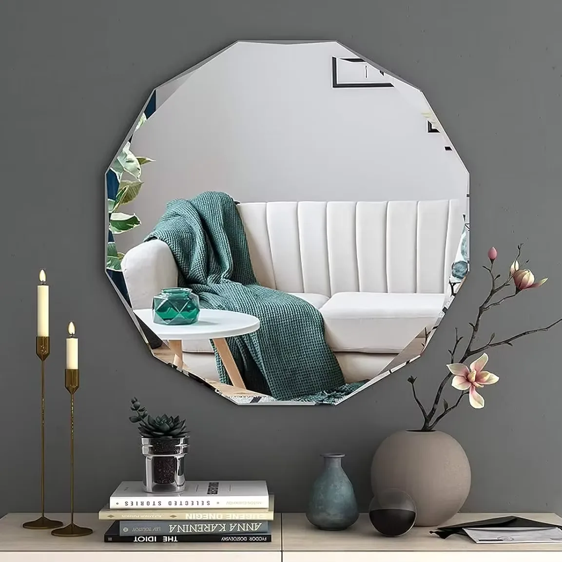 Round Mirror Wall Decoration Symmetrical Bathroom and LED Diamond Bedroom and Stylish Vanity or Room Mirror Designer Mirror