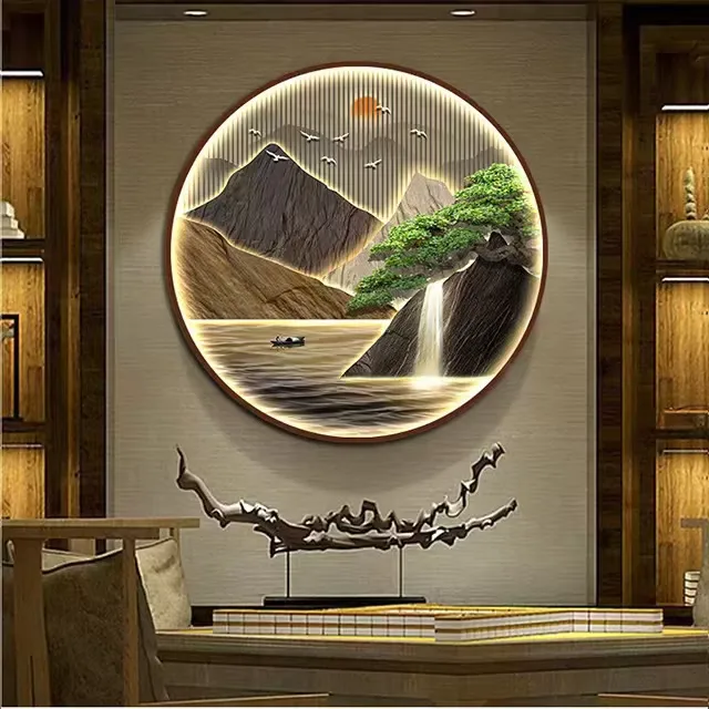 山水 单幅 装饰画 现代简约 玄关背景墙挂画 LED带灯画