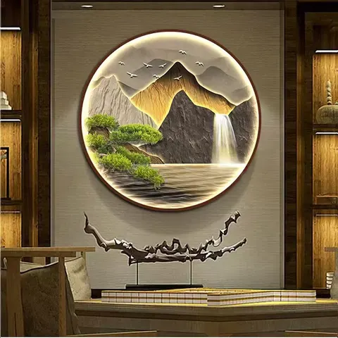 山水 单幅 装饰画 现代简约 玄关背景墙挂画 LED带灯画