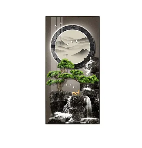 Running Water Surrounded by Glowing Decorative Painting Crystal Porcelain Painting with Diamond Wall Art Home Decor with LED