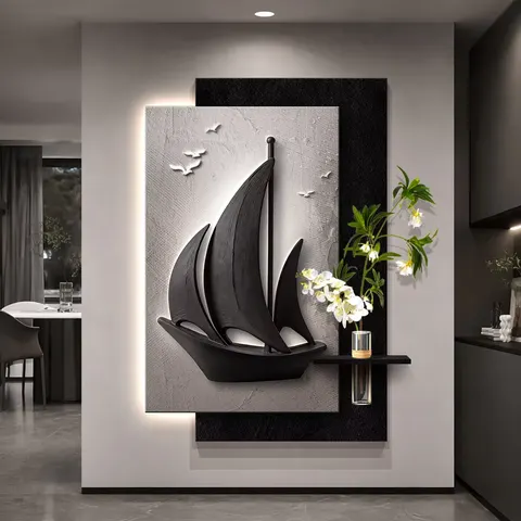 Sailing Boat Sandstone Fabric Art Home Decor Painting Hydroponics Green Plants Glowed LED Painting