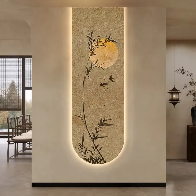 Sandstone Band LED Wall Art Decor Paintings Retro Bamboo Moon Art Home Decoration Painting