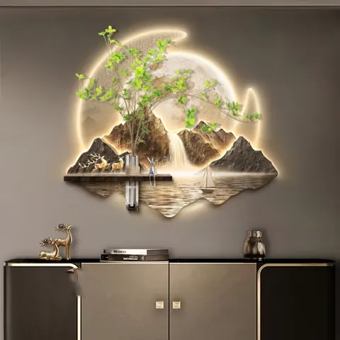 Scenery and Mountains Landscape Glowed  LED Painting Entrance Hall Background Wall Hydroponic Plants Art Decor Painting
