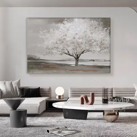 Semi Hand Painted Blooming Tree Canvas Wall Art With Built in Wooden Frame Neutral Tone Decorative Painting