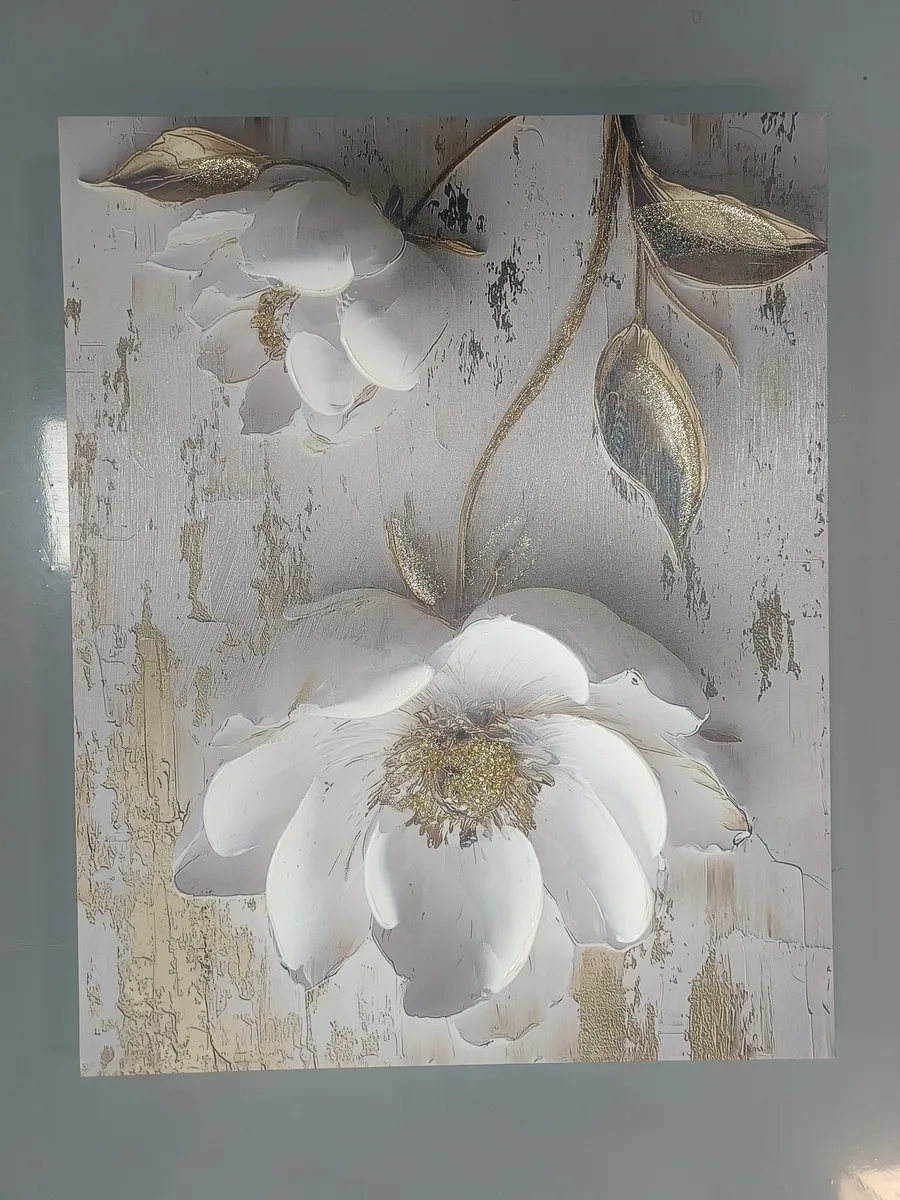 Semi-Hand-Painted Canvas Wall Art with Wooden Stretcher Bars Gold Foil Textured Flower Painting for Living Room Home Decor