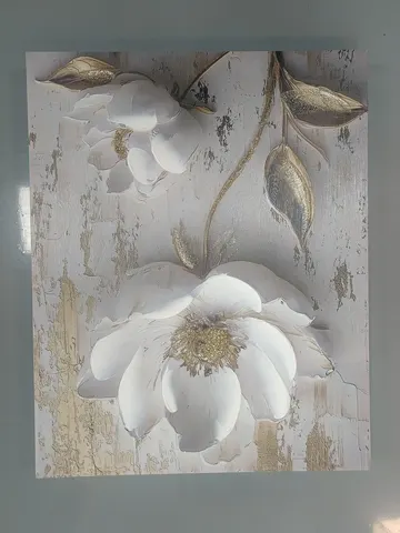 Semi-Hand-Painted Canvas Wall Art with Wooden Stretcher Bars Gold Foil Textured Flower Painting for Living Room Home Decor