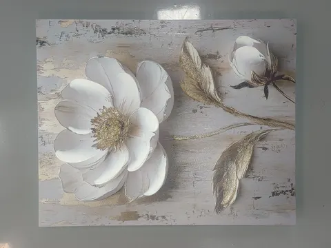 Semi-Hand-Painted Canvas Wall Art with Wooden Stretcher Bars Gold Foil Textured Flower Painting for Living Room Home Decor