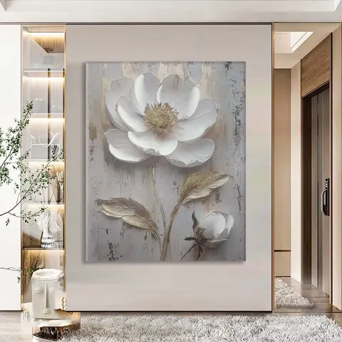 Semi-Hand-Painted Canvas Wall Art with Wooden Stretcher Bars Gold Foil Textured Flower Painting for Living Room Home Decor