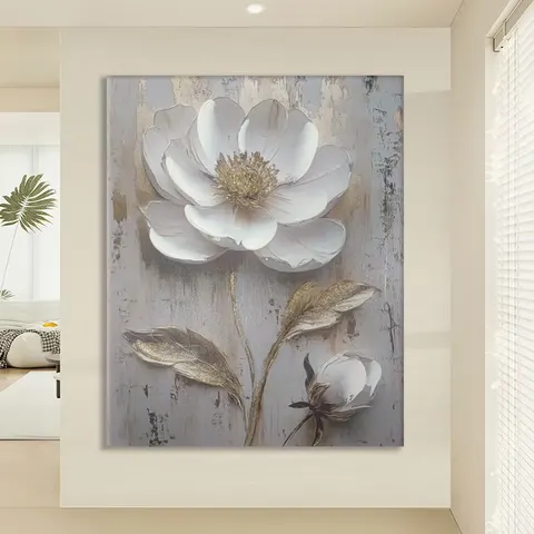Semi-Hand-Painted Canvas Wall Art with Wooden Stretcher Bars Gold Foil Textured Flower Painting for Living Room Home Decor