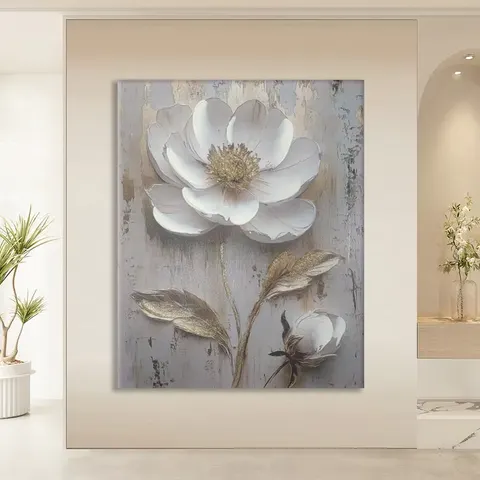 Semi-Hand-Painted Canvas Wall Art with Wooden Stretcher Bars Gold Foil Textured Flower Painting for Living Room Home Decor