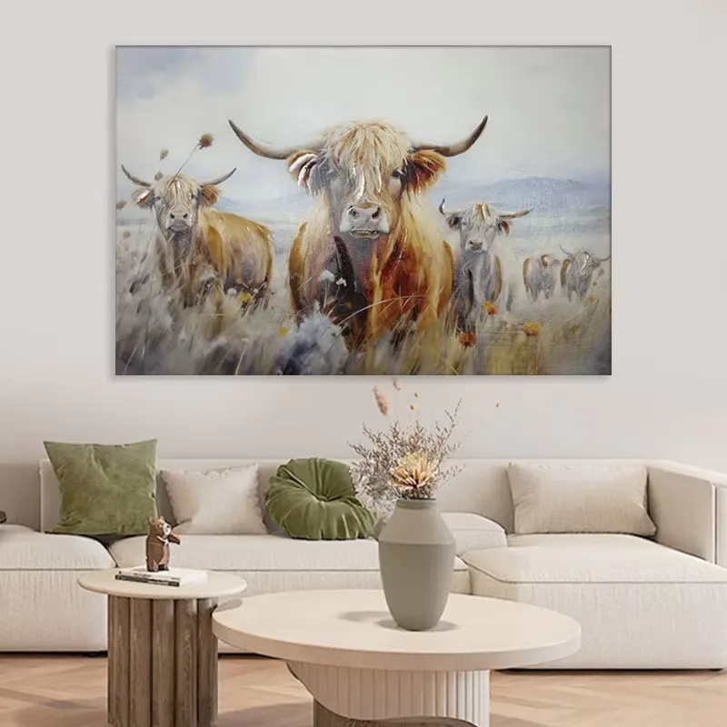 Semi Hand Painted Highland Cow Canvas Wall Art With Built in Wooden Frame Farmhouse Decorative Painting