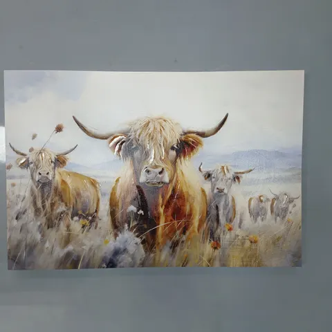 Semi Hand Painted Highland Cow Canvas Wall Art With Built in Wooden Frame Farmhouse Decorative Painting