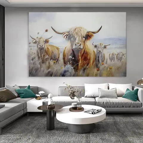 Semi Hand Painted Highland Cow Canvas Wall Art With Built in Wooden Frame Farmhouse Decorative Painting