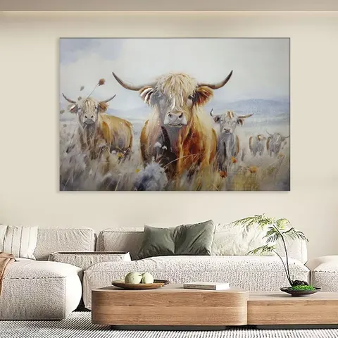 Semi Hand Painted Highland Cow Canvas Wall Art With Built in Wooden Frame Farmhouse Decorative Painting
