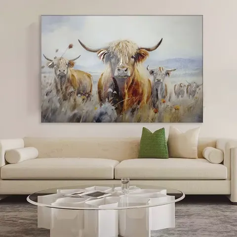 Semi Hand Painted Highland Cow Canvas Wall Art With Built in Wooden Frame Farmhouse Decorative Painting