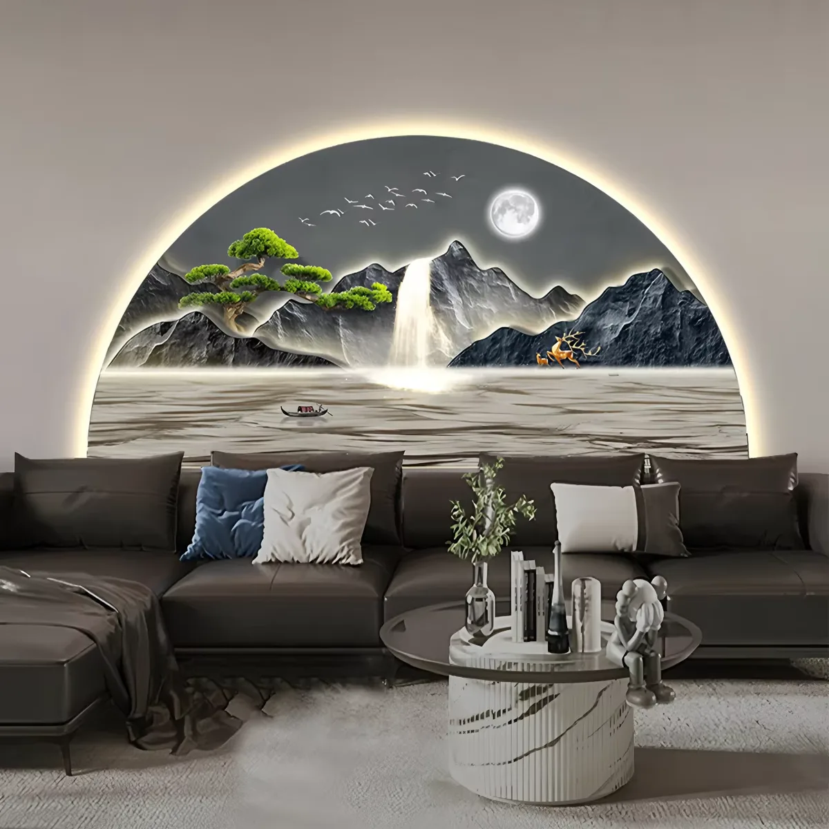Semicircle Landscape Murals with Light Diamond Painting Laser Engraving Crystal Porcelain Painting Wall Art Home Decor