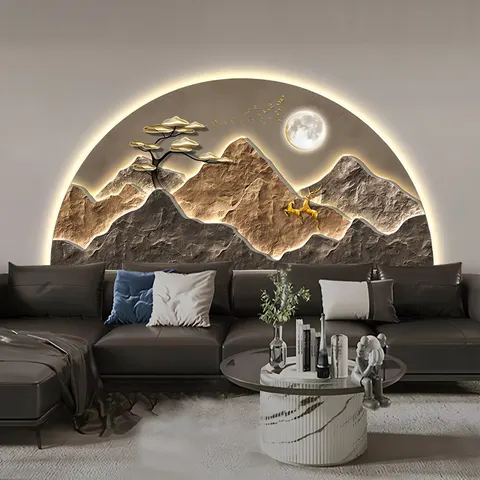 Semicircle Landscape Murals with Light Diamond Painting Laser Engraving Crystal Porcelain Painting Wall Art Home Decor