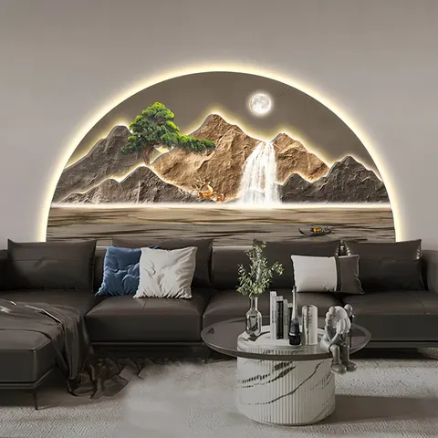 Semicircle Landscape Murals with Light Diamond Painting Laser Engraving Crystal Porcelain Painting Wall Art Home Decor