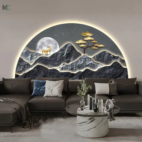 Semicircle Landscape Murals with Light Diamond Painting Laser Engraving Crystal Porcelain Painting Wall Art Home Decor