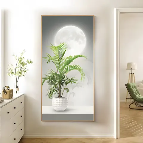 Small Fresh Green Plant Modern Simple Moon Living Room Decor Painting High-end Hotel Corridor Crystal Porcelain Painting
