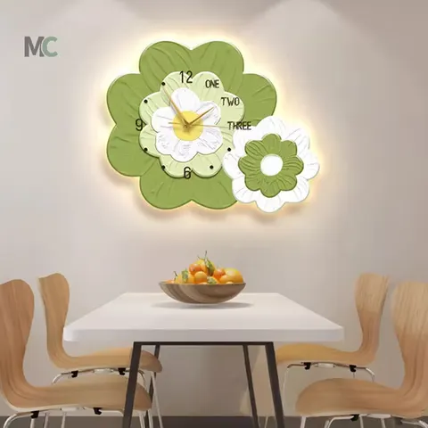 Small Fresh Living Room Clock Decorative Painting Led Light Painting Cream Wind Restaurant Clock Hanging Wall Flower Painting