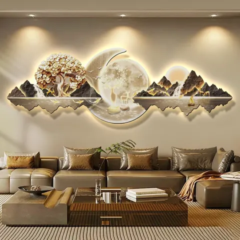 山水 单幅 装饰画 现代简约 客厅背景墙挂画 LED带灯画
