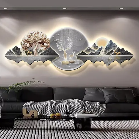 山水 单幅 装饰画 现代简约 客厅背景墙挂画 LED带灯画