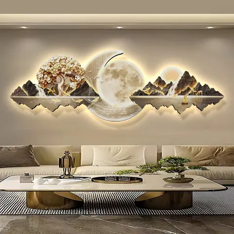 山水 单幅 装饰画 现代简约 客厅背景墙挂画 LED带灯画
