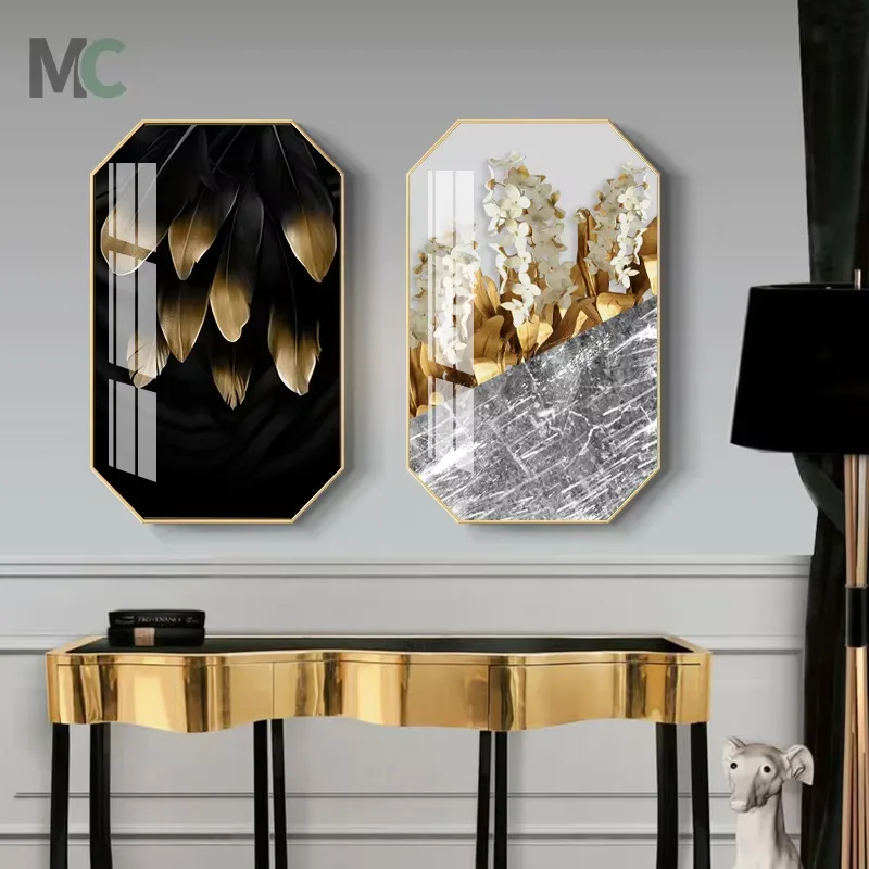 Sofa Background Wall Modern Simple Octagonal Leaf Hanging Painting Light Luxury Restaurant Crystal Porcelain Wall Decor Painting