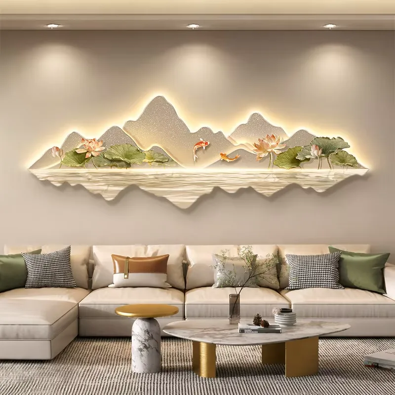 Sofa Background Wall Nine Fish Diagram Crystal Porcelain Painting Koi Fish and Lotus Flowers Art Home Decor Paintings