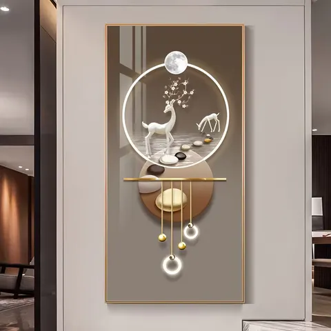 The Deer Mural with LED Surrounded by Glowing Decorative Paintings Crystal Porcelain Painting Wall Art Home Decor