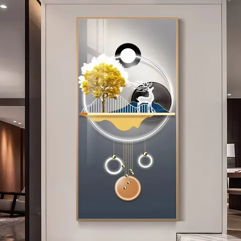 The Deer Mural with LED Surrounded by Glowing Decorative Paintings Crystal Porcelain Painting Wall Art Home Decor