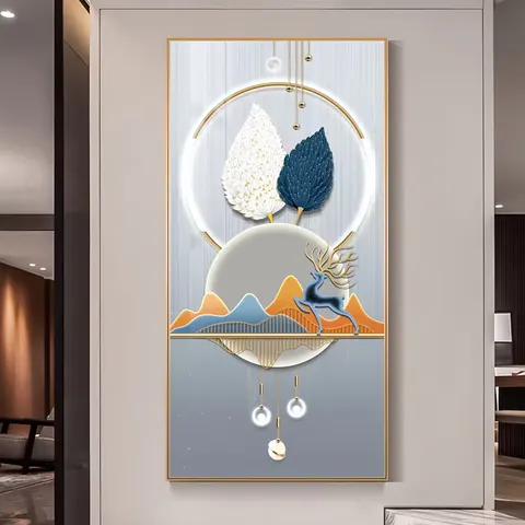 The Deer Mural with LED Surrounded by Glowing Decorative Paintings Crystal Porcelain Painting Wall Art Home Decor