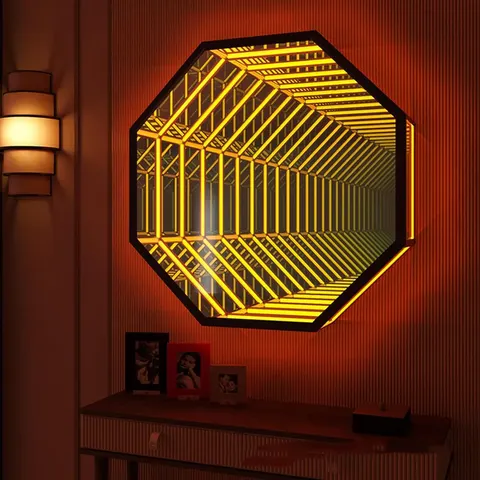 Tunnel Light LED Infinite Mirror Art Decor with Remote Control 3D Octagonal Infinite Wall Mirror Multi-color Changing Light