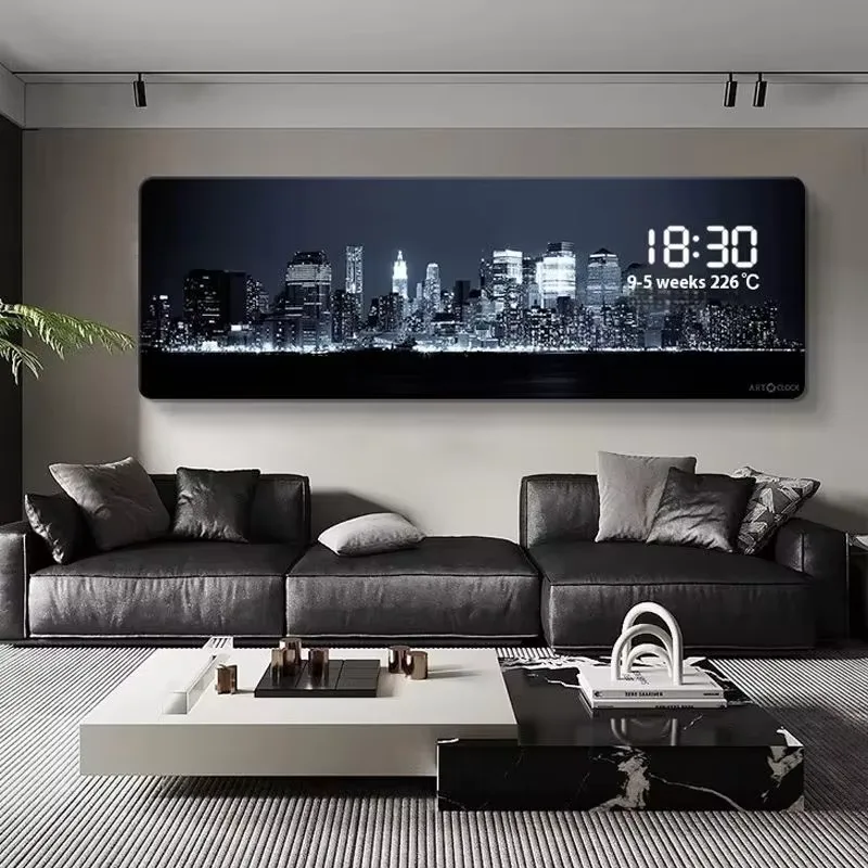 Urban nightscape architectural-style electronic wall clock with digital display for the living room bedroom or bedside-oil mural
