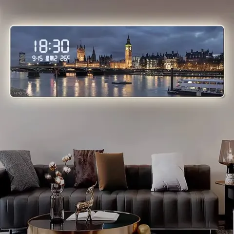 Urban nightscape architectural-style electronic wall clock with digital display for the living room bedroom or bedside-oil mural
