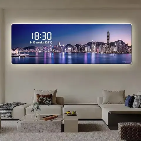 Urban nightscape architectural-style electronic wall clock with digital display for the living room bedroom or bedside-oil mural