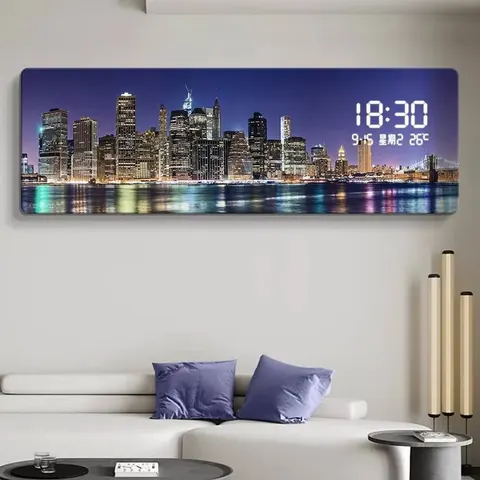 Urban nightscape architectural-style electronic wall clock with digital display for the living room bedroom or bedside-oil mural