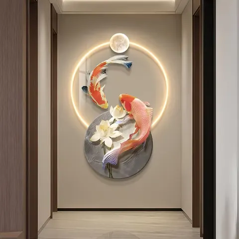 锦鲤 单幅 装饰画 现代简约 客厅背景墙挂画 LED带灯画
