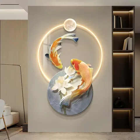 锦鲤 单幅 装饰画 现代简约 客厅背景墙挂画 LED带灯画
