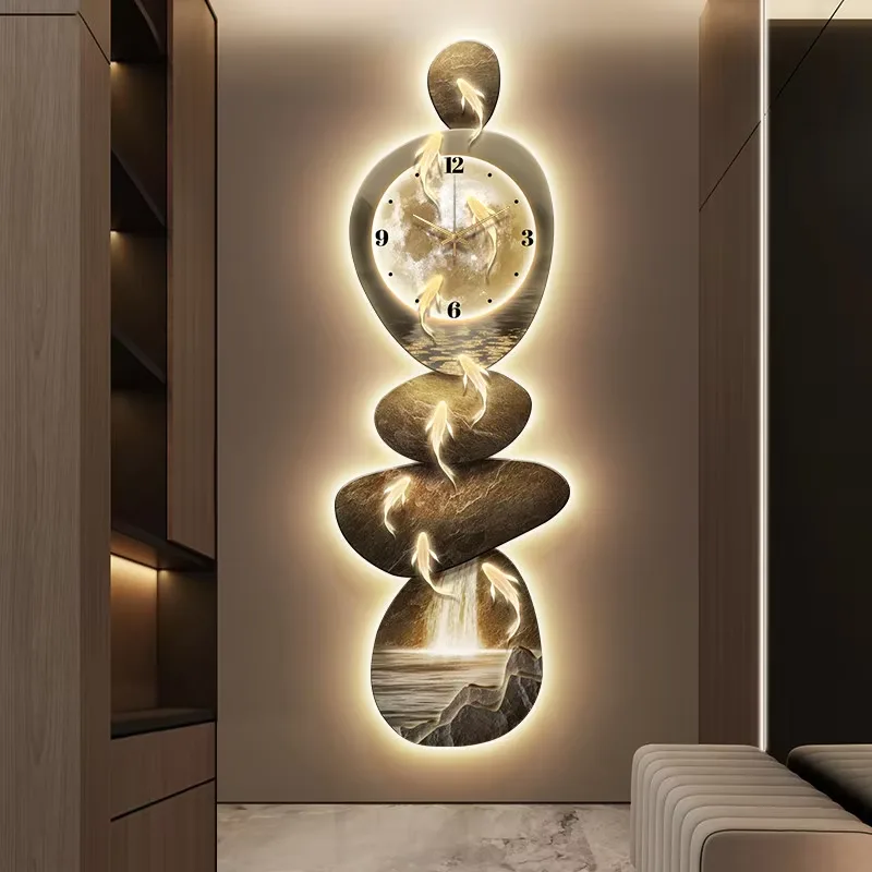 UV Engraving Luxury Nine Fish Diagram Art Home Decor Painting With a Clock Glowed Crystal Porcelain Painting