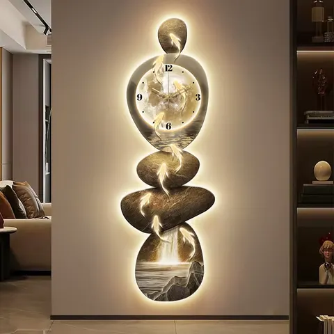 UV Engraving Luxury Nine Fish Diagram Art Home Decor Painting With a Clock Glowed Crystal Porcelain Painting