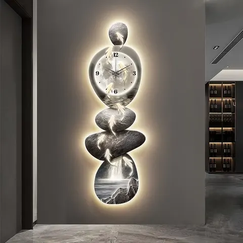 UV Engraving Luxury Nine Fish Diagram Art Home Decor Painting With a Clock Glowed Crystal Porcelain Painting