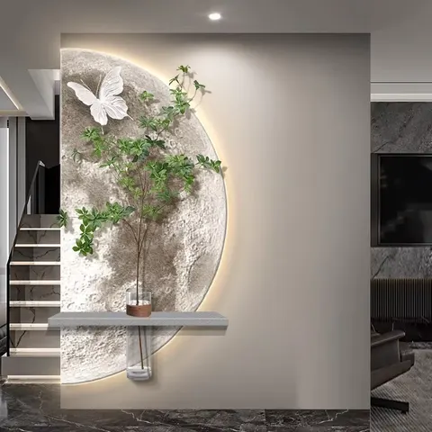 Vase Green Plant Sentrance Hall LED Wall Decor Painting Creative Moon Living Room Corridor Sandstone and Crystal Painting
