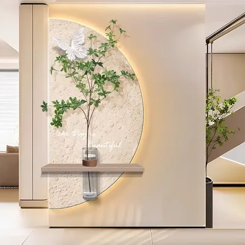 Vase Green Plant Sentrance Hall LED Wall Decor Painting Creative Moon Living Room Corridor Sandstone and Crystal Painting