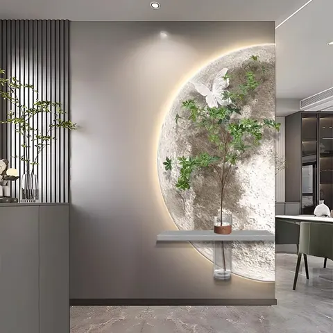 Vase Green Plant Sentrance Hall LED Wall Decor Painting Creative Moon Living Room Corridor Sandstone and Crystal Painting