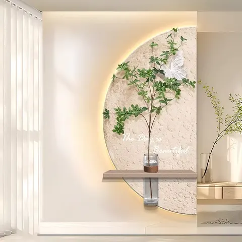 Vase Green Plant Sentrance Hall LED Wall Decor Painting Creative Moon Living Room Corridor Sandstone and Crystal Painting
