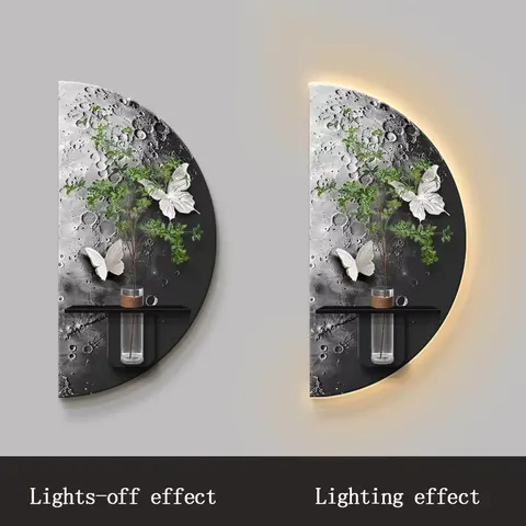 Vase Green Plant Sentrance Hall LED Wall Decor Painting Creative Moon Living Room Corridor Sandstone and Crystal Painting