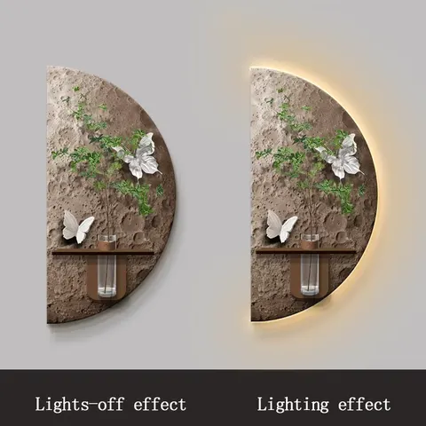 Vase Green Plant Sentrance Hall LED Wall Decor Painting Creative Moon Living Room Corridor Sandstone and Crystal Painting